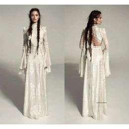 Meital Zano Great Victoria Middeleeuwse jurk met bellaten Vintage Haak Lace High Neck Gothic Queen trouwjurken 0431