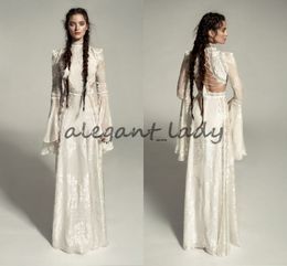 Meital Zano Grande robe de mariée médiévale Victoria avec manches cloche Vintage Crochet dentelle col haut gothique reine robes de mariée327T