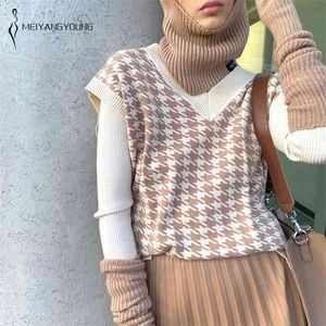 Meiyangyoung Khaki V-hals Mouwloze trui Vest Gebreide Jumper Split lang met Houndstooth Oversized vestjes Tops 210819