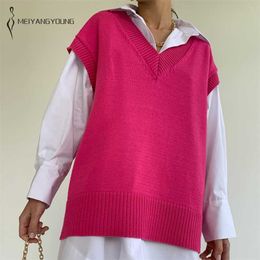 Meiyangyoung Y2K losse gebreide vest trui herfst vrouwen vest mouwloze dames vintage trui V-hals trui Tops 211009