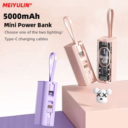 Meiyulin 5000mAh Small Power Bank pour iPhone Xiaomi Chargeur de batterie de rechange externe portable PowerBank Câble USB Type-C intégré