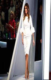 Melania Trump Petites robes blanches gaine ras du cou plissée avec manches ballon et dos fendu longueur genou célébrité fête Gow2629886