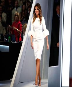 Melania Trump Petites robes blanches gaine ras du cou plissée avec manches ballon et dos fendu longueur genou célébrité fête Gow2560705