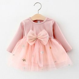 Melario baby meisjes jurk 2021 lente schattige boog mesh pasgeboren jurk lange mouwen prinses jurken voor meisje peuter kinderen jurk 210317