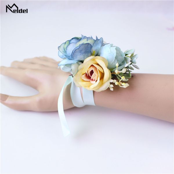 Meldel Corsage Groom Boutonniere PIN de la altura de la altura de la muñeca Champagne Blue Bridesmaid Bracelet Accesorios para flores de boda de graduación