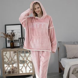 MELIFLE Winter Warm 100 % Flanell Weiche Rosa Pyjama-Sets für Frauen Atoff Home Samt Satin Nachtwäsche Mode Plüsch Seide Nachtwäsche 201217