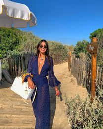 Melphieer-Vestido largo de playa azul marino para mujer, traje de baño de Jacquard, Túnica, Pareos, ropa de playa, 2023, 240320