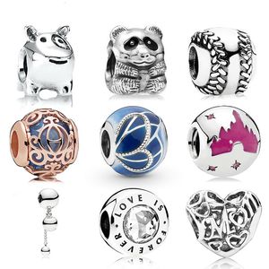Memnon Jewelry 925 Sterling Classic Baseball Charms Cadena de cuentas cuelgan Charm Blue Butterfly Wing Love Is Forever Bead Fit Pandora Style Pulseras Diy
