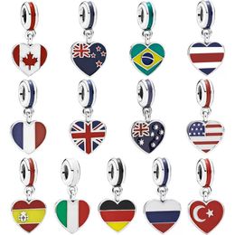 Memnon Sieraden 925 Sterling Zilveren Harten Bedels hartvormige Vlag hanger Charm Kralen Fit Armbanden Kettingen DIY Voor Vrouwen