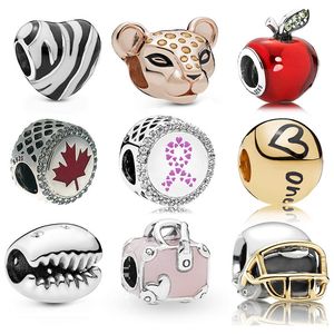 Memnon Jewelry 925 Sterling Silver Pink Travel Bag Charms Sparkling Coffee Bean Shell Charm Wild Stripes Heart Beads Lion Bead Fit Pandora Style Bracelets Diy