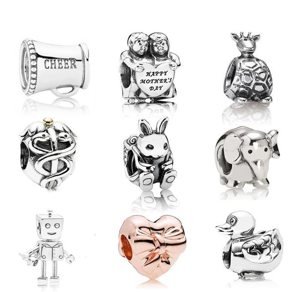 Memnon Jewelry Breloques Rob Bot en argent sterling 925 avec éléphant d'Afrique, canard, girafe, perles en forme de cœur, bonne fête des mères, pour bracelets de style Pandora à faire soi-même