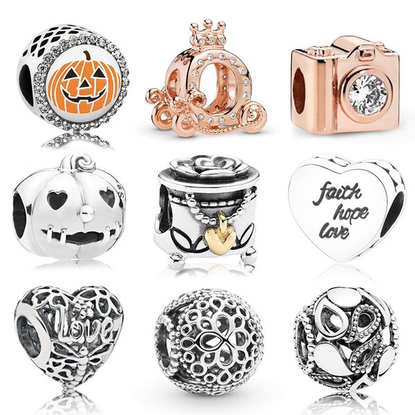 Memnon Jewelry 925 Sterling Silver Rose Camera Charm Crown O carruaje Charms Promise of Spring Heart Beads Sweet Pumpkin Bead Fit Pandora Style Bracelets Diy