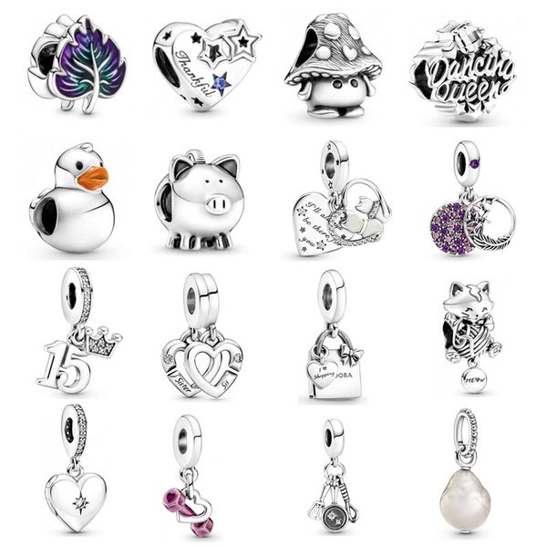 Memnon Jewelry Automne Mignon Champignon Charms Argent 925 Haltère Coeur Canard en Caoutchouc Ruban Clip-on Étoile Pendentif Violet Feuille Verte Danse Reine Perle DIY Bijoux