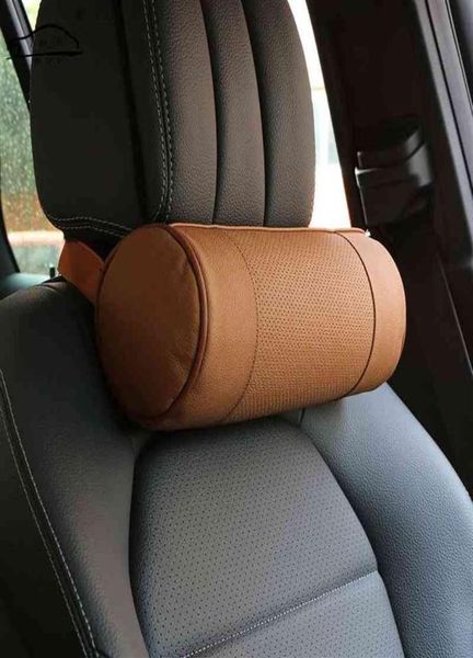 Oreiller de cou de voiture en mousse à mémoire de forme en cuir véritable Auto cervical rond rouleau chaise de bureau traversin appui-tête prend en charge coussin noir H2201315430