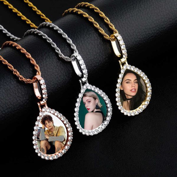 Foto de memoria Gota de agua para mujer Marco de foto personalizado Colgante Collar Hip Hop Oro rosa Australia Joyería Iced Out Diy Picture Cz Stone Calidad fina Regalo de fiesta de cumpleaños