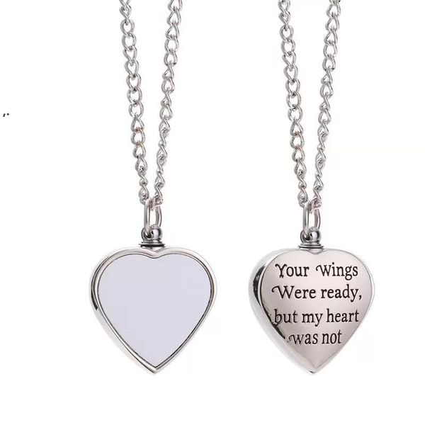 Sublimación de memoria Collares en blanco para papá Mamá Abuela Alas de ángel Amor Corazón Cruz Cenizas Recuerdo Colgante en blanco con embudo GCB16471