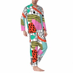 Memphis Pop Art Nachtkleding Herfst 80s Stijl Retro Plaid Retro Oversized Pyjama Sets Mannen Lg Mouw Fi Leisure Nachtkleding M85U #