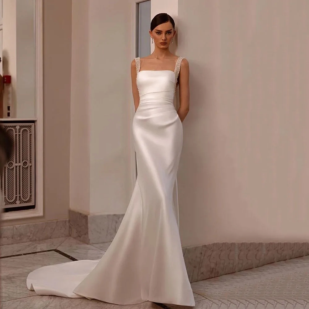 Memraid Satin Wedding Dresses 2024セクシーなバックレススパンコールビーズストラップ女性用プリーツブライダルガウンのためのボーホーブライドドレス