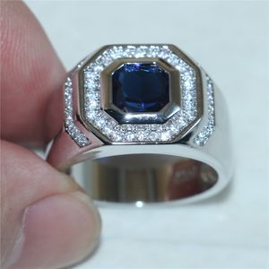 Hommes 925 argent carré bleu saphir simulé diamant Zircon gemme pierre anneaux mode fiançailles bandes de mariage bijoux garçons