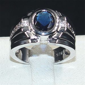 Hommes 925 argent Sterling bleu saphir simulé diamant pierres précieuses anneaux fiançailles mariage anniversaire bague bijoux garçons