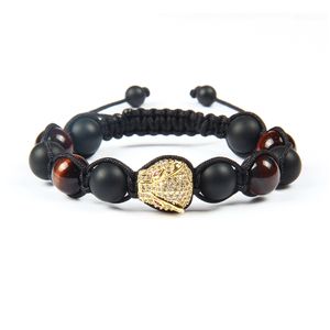 Bracelet pour hommes en gros 10mm naturel mat Agate rouge œil de tigre perles de pierre avec quatre couleurs Micro Pave CZ gros Bracelets léopard