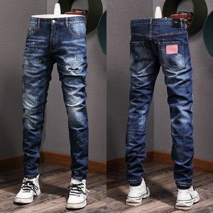 Plus Maat 38 Blue Jeans Heren Slim Fit Distressed Bleach Wash Vintage Denim Broek Heren