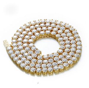 Chaîne de tennis Hip hop Iced Out pour hommes 1 rangée de cristaux de zircone cubique Bling Bling finition dorée ronde 20 pouces 24 pouces collier de chaîne