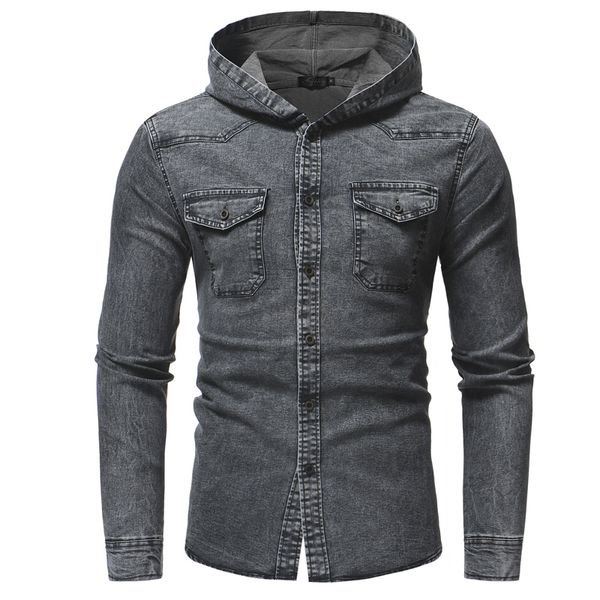 Chemises pour hommes Chemise en jean pour homme Pocekt à capuche Gris Chemise sociale simple boutonnage Blusa De Frio Masculina satin NZ672