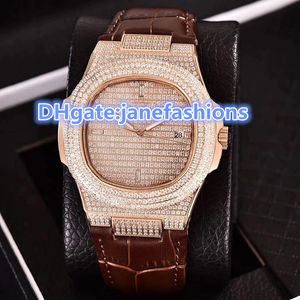 Heren Sporthorloges Rose Gold Diamond Watch Case Real Lederen Strap Sapphire Dial Automatische Diamonds Horloges