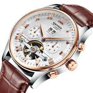 Reloj mecánico Tourbillon de día / mes automático suizo a prueba de agua para hombres con caja de regalo Relojes de oro de moda de China Reloj de pulsera con cinturón de cuero real