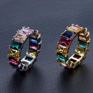 Hombres 18K Chapado en oro amarillo Una fila Colorido CZ 360 Eternity Band Bling Anillos Cubic Zirconia Micro Pave Diamonds Anillo de hip hop con caja de regalo