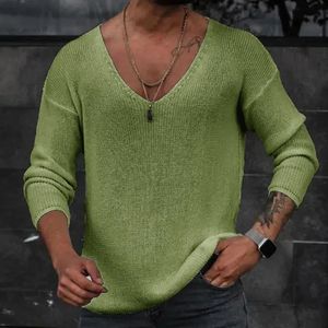Hommes 2023 Printemps V Cou Rib Bottoming T-shirts Pull Automne Manches Longues Slim Fit Tees Tops Simple Casual Plain Thin Knit Shirt 240123