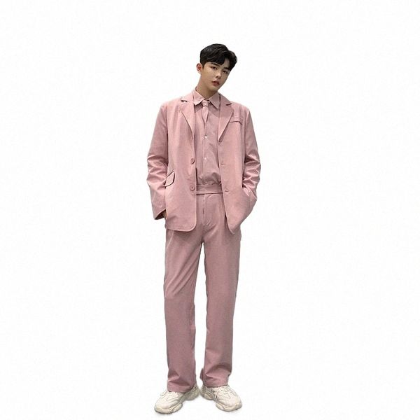Hommes 3 pièces ensembles veste + chemise + pantalon mâle femme Vintage Fi Streetwear Hip Hop ample décontracté rose costume Blazer veste n46j #