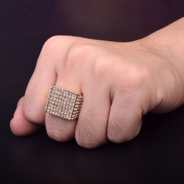 Anillo de oro de acero inoxidable para hombre, joyería de Hip hop a la moda, anillos Punk cuadrados de cristal con diamantes de imitación ostentosos