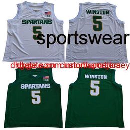 Hommes 5 Cassius Winston maillots universitaires blanc vert basket-ball taille adulte maillot cousu ordre de mélange