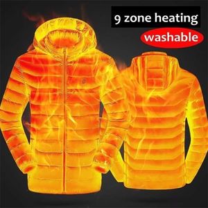 Hommes 9 Placez les vestes chaudes hivernales chauffées Chauffage USB rembourré Thermostat Smart Thermostat Pure Couleur Vêtements à capuche imperméable 211216