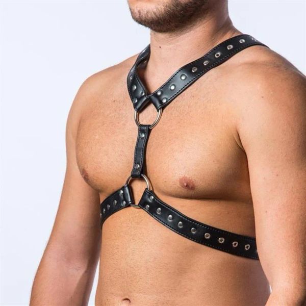 Hommes réglable en cuir PU corps poitrine harnais ceinture Sexy Gay Clubwear sexe Costume avec boucle pôle danse vêtements fétiche sous-vêtements B281C