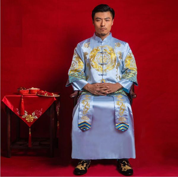 Traje azul antiguo para hombre, boda real, novio, Cheongsam clásico, estilo chino, bata larga, puesta en escena, ropa tostada