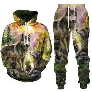 Hommes et femmes 3D imprimé forêt loup Style vêtements décontractés loup mode sweat à capuche et pantalon exercice costume 012