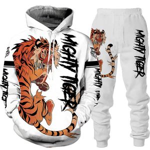 Hommes et femmes 3D imprimé tigre vêtements décontractés loup mode sweat à capuche et pantalon exercice costume 009