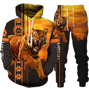 Hommes et femmes 3D imprimé tigre vêtements décontractés loup mode sweat à capuche et pantalon exercice costume 003
