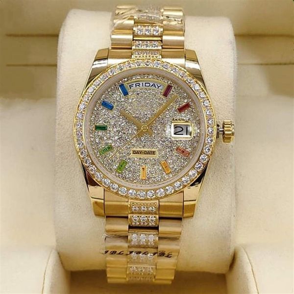 Hommes et femmes montres mécaniques automatiques 36mm saphir arc-en-ciel bracelet de montre littéral anneau de forage en acier inoxydable boucle pliante water260L