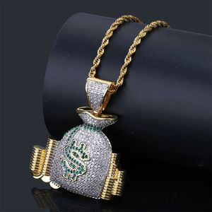 Geld tas stapel iced cash munten hanger ketting ketting charme goud zilveren kubieke zirkoon heren hiphop sieraden voor geschenk