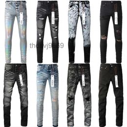 Paarse designer jeans voor heren en dames Denim broek Geperforeerde pantalon-hop Trend Rits Scheurbrief Patch Slim Fit Elastisch Kleine pijp O1WZ