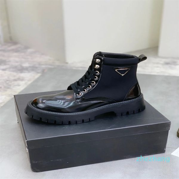 Bottines pour hommes, chaussures haut de gamme, Re-Nylon brossé, bottines à semelle épaisse, bottines de moto en cuir de veau noir