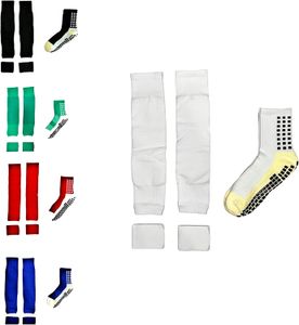Meias de futebol antiderrapantes masculinas, mangas de guarda caneleiras, tiras de guarda caneleiras (meias + tiras + mangas)