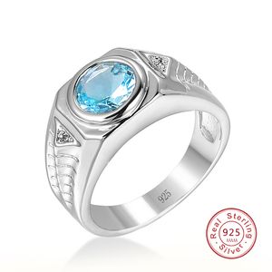 Hommes aigue-marine pierres précieuses bleu Zircon anneaux pour hommes Vintage luxe 925 bijoux de mariage en argent Sterling Bijoux Bague pour cadeaux