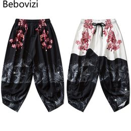 Men asiático ropa de baño pantalón de baño casual japonés kimono tradicional sakura estampado estampado machos pantalones de estilo japón suelto pantalones recortados