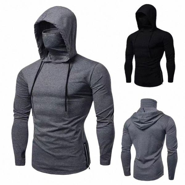 Sweat-shirt à capuche pour hommes, coupe cintrée, manches Lg, avec masque, couleur unie, Sport, Fitn, pull décontracté, vêtements d'extérieur, 60FJ #