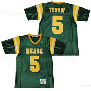 Mannen hebben NEASE Football 5 Tim Tebow Jersey High School Ademend, alle gestikte en borduursport Pure Cotton Team Color Green Top Kwaliteit